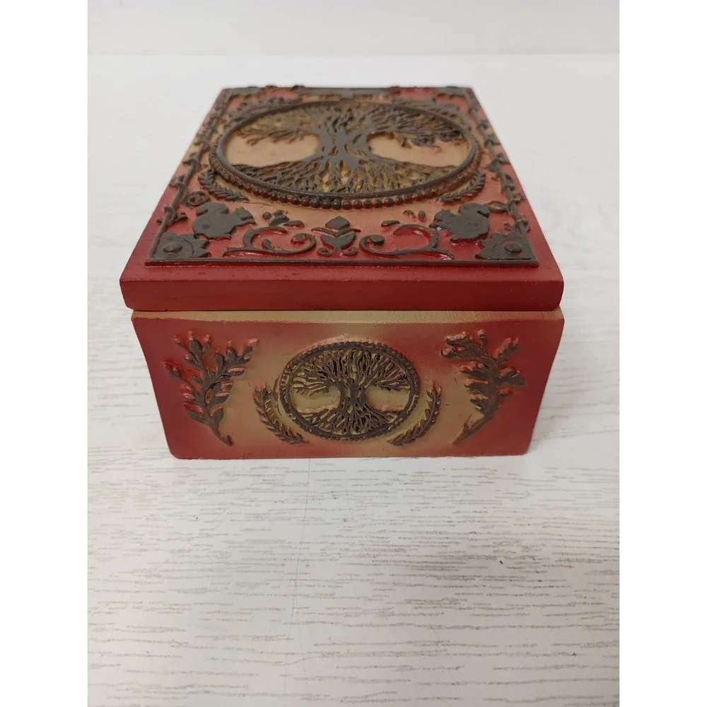 Tree Of Life Jewelry Trinket Box Intricate Raised Design Hand Painted BOHO